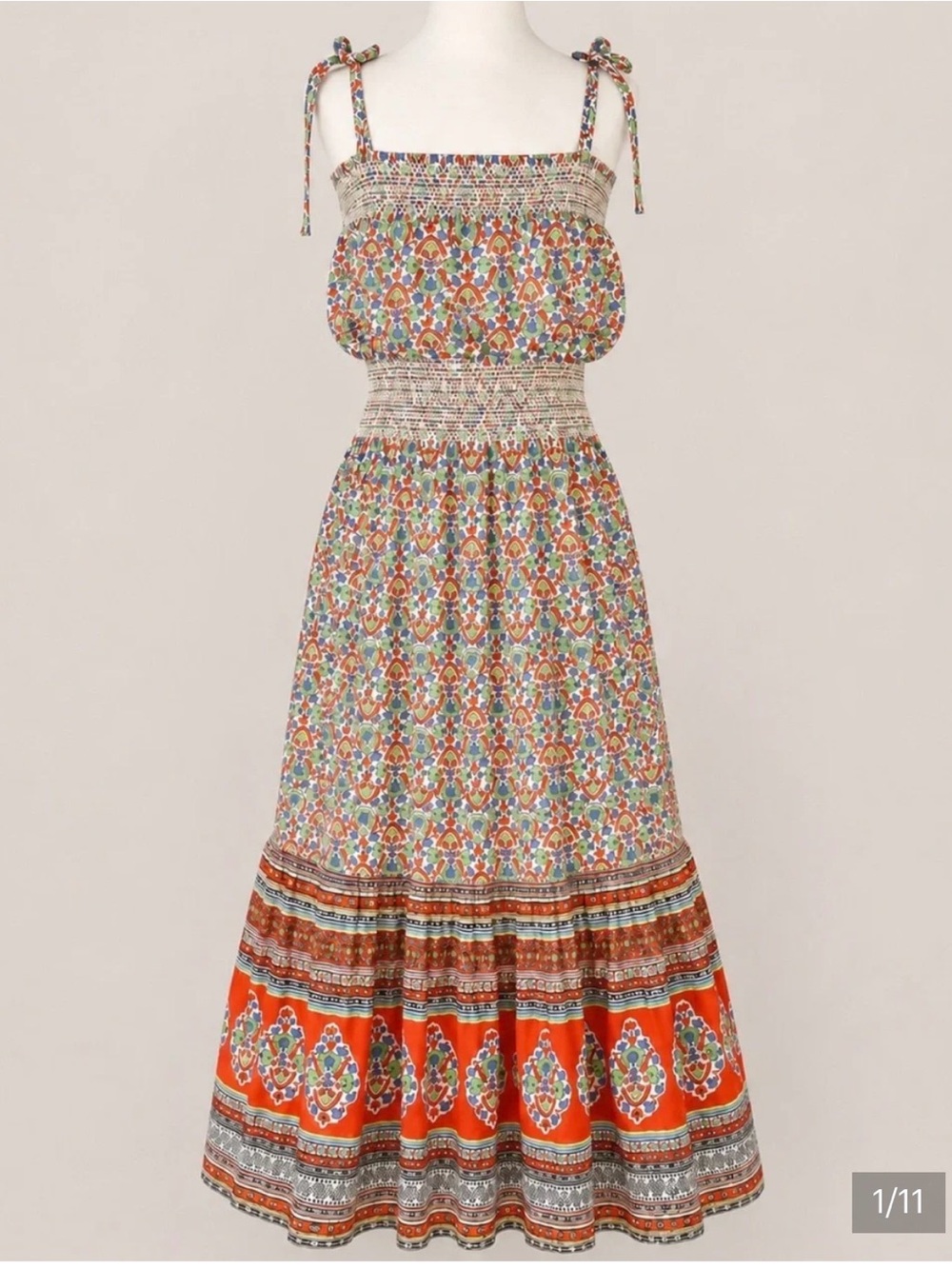 Tory Burch Multicolor Floral Smocked Maxi Dress with Orange Hem